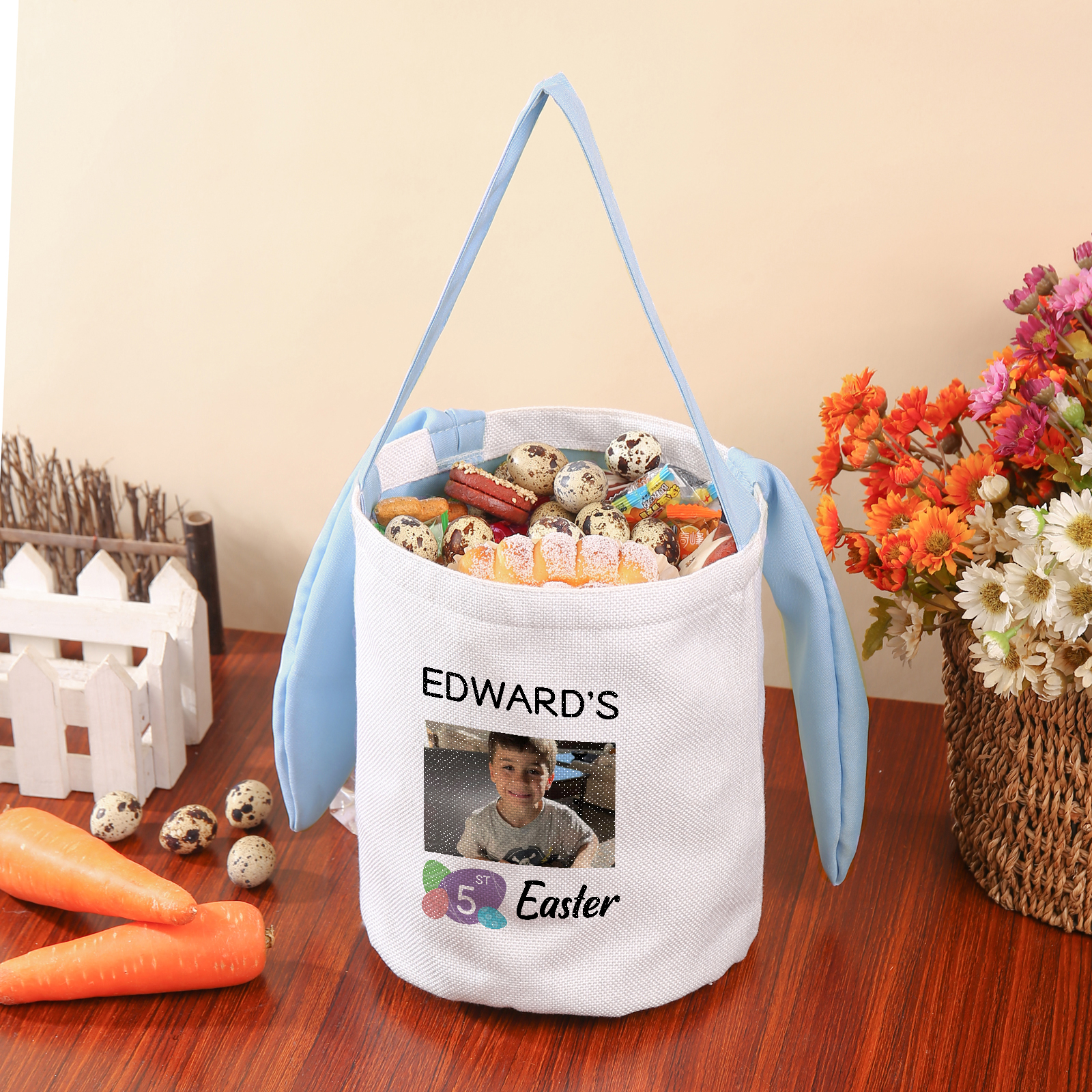 Personalised Photo Bunny Tote Bag Custom Name & Text & Number Bucket Bag Bunny Basket Easter Gifts-Jessemade AU