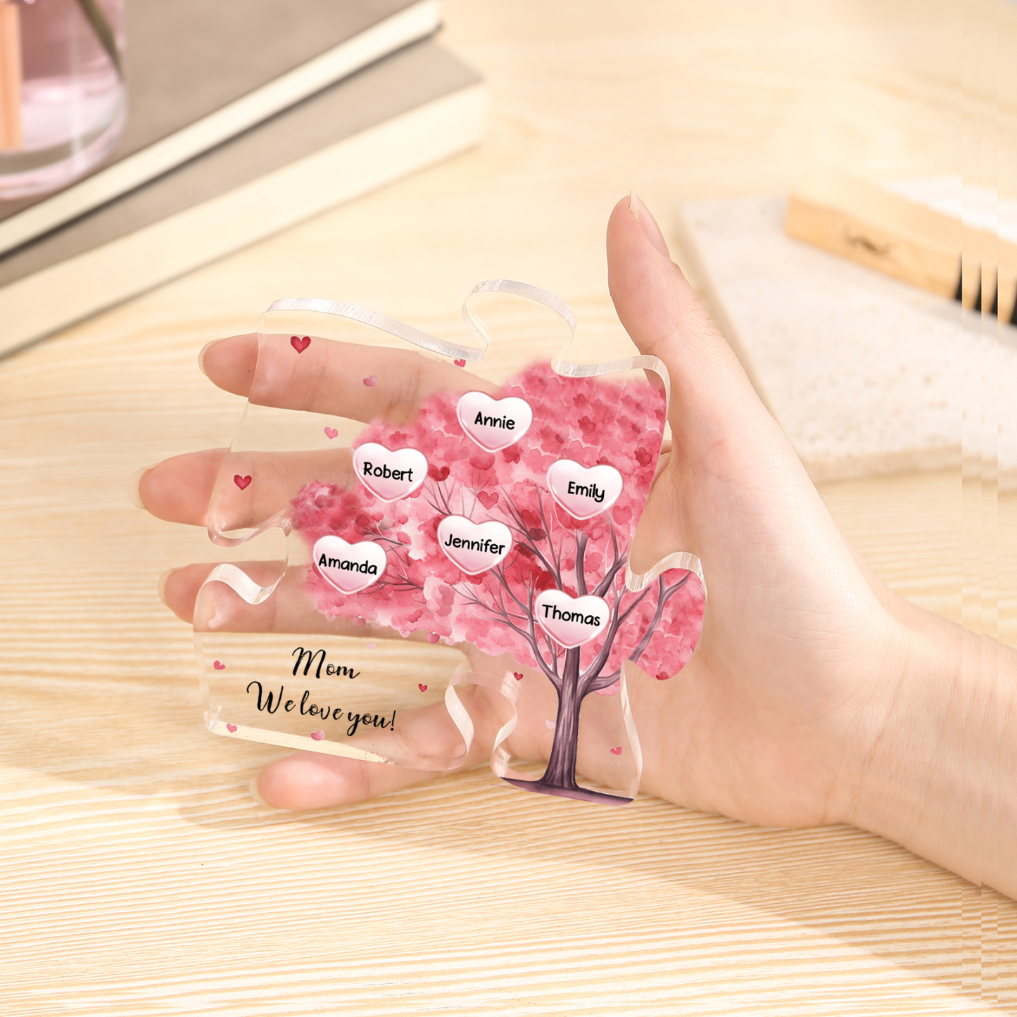Personalised Acrylic Puzzle Plaque Custom 6 Names & 1 Text Pink Tree Family Ornament Gift for Mum/Nan-Jessemade AU