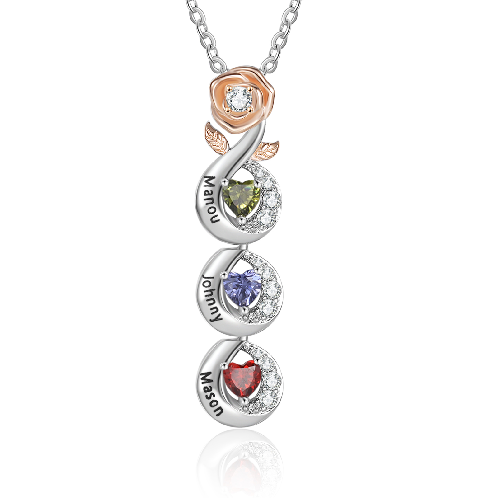 Custom Family Necklace Rose Pendant with 3 Birthstones Engraving 3 Names Gifts for Her-Jessemade AU