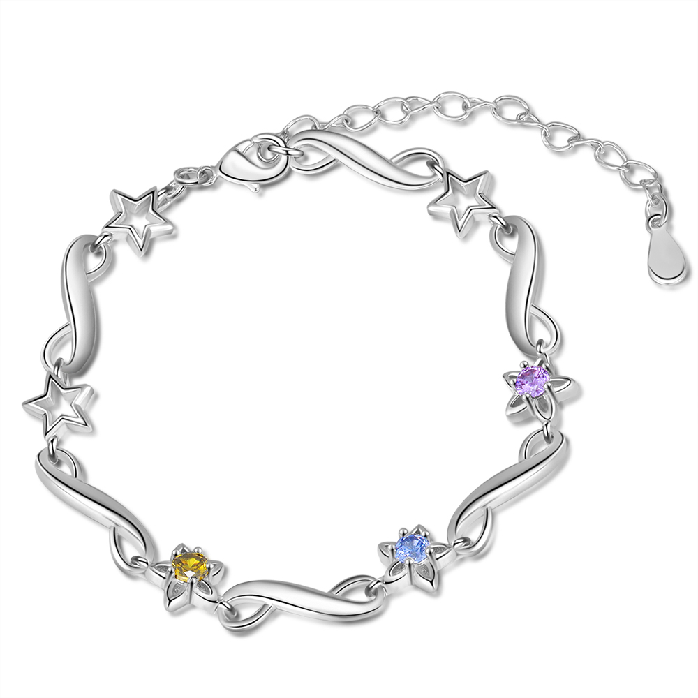 Personalised Star Bracelet With 3 Birthstones Engraved Names Bracelet Gift For Women-Jessemade AU