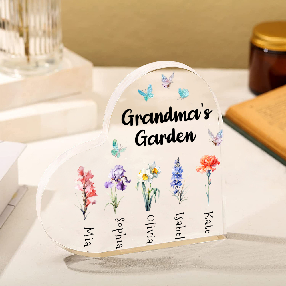 Personalised Acrylic Heart Keepsake Custom 1–6 Names & Birth Flowers Ornaments Gifts for Grandma - Grandma's Garden-Jessemade AU