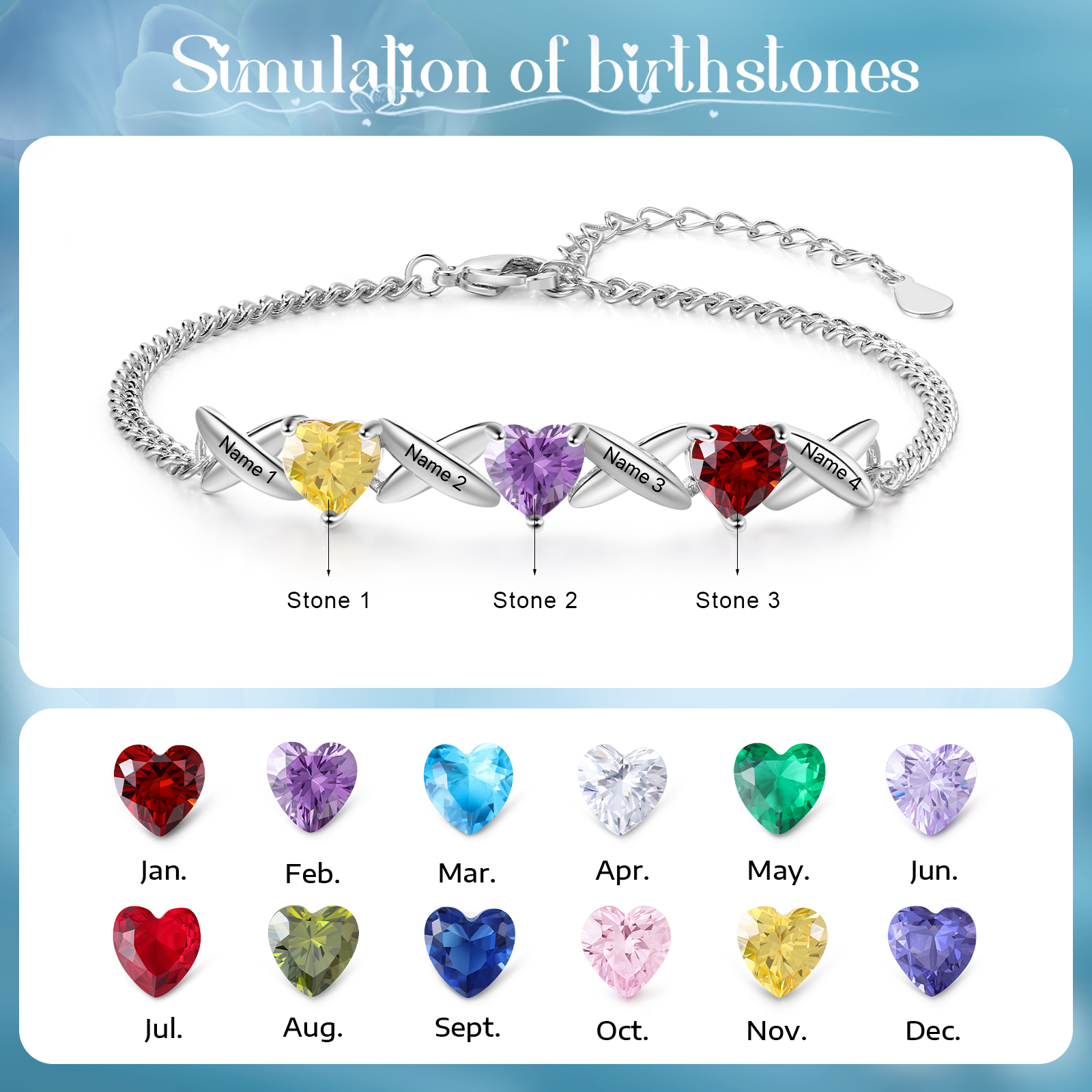 Custom 3 Birthstones Bracelet Engraved 4 Names Bracelet Personalised Birthday Gift for Her-Jessemade AU