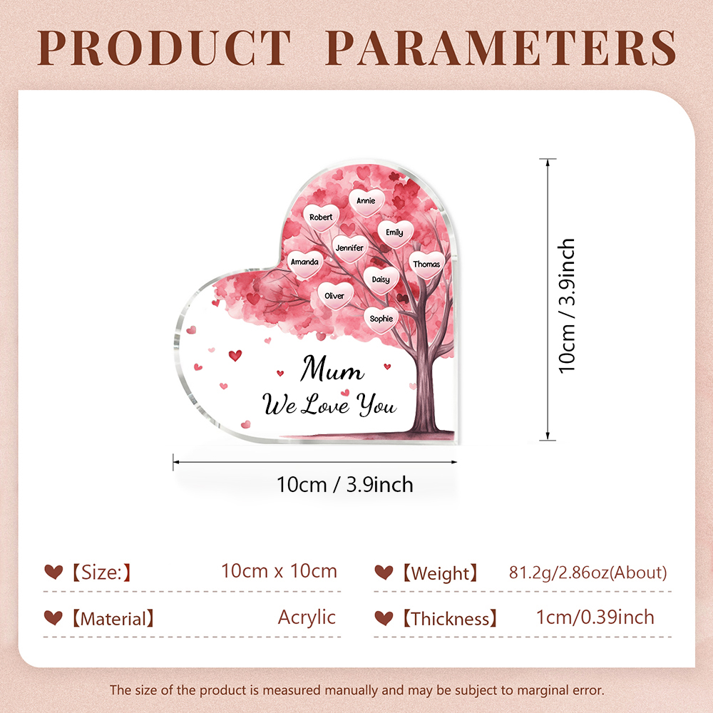 9 Names - Personalised Acrylic Heart Keepsake Custom Text Pink Tree Ornaments Gifts for Grandma/Mother-Jessemade AU