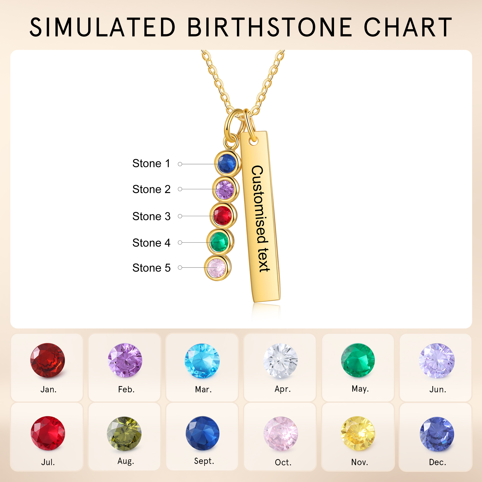 Personalised Bar Pendant Necklace Custom 5 Birthstones & 1 Text Necklace Birthday Gift for Her-Jessemade AU