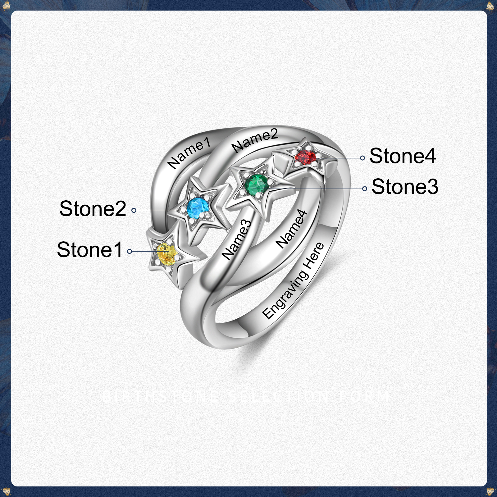 Personalised Star Ring With 4 Birthstones Engraved Names Ring Gift For Women-Jessemade AU
