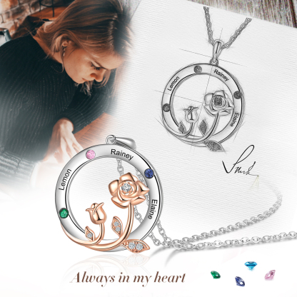 Personalised Rose Flowers Necklace With 3 Birthstones Engraved Names Necklace Gift For Women-Jessemade AU
