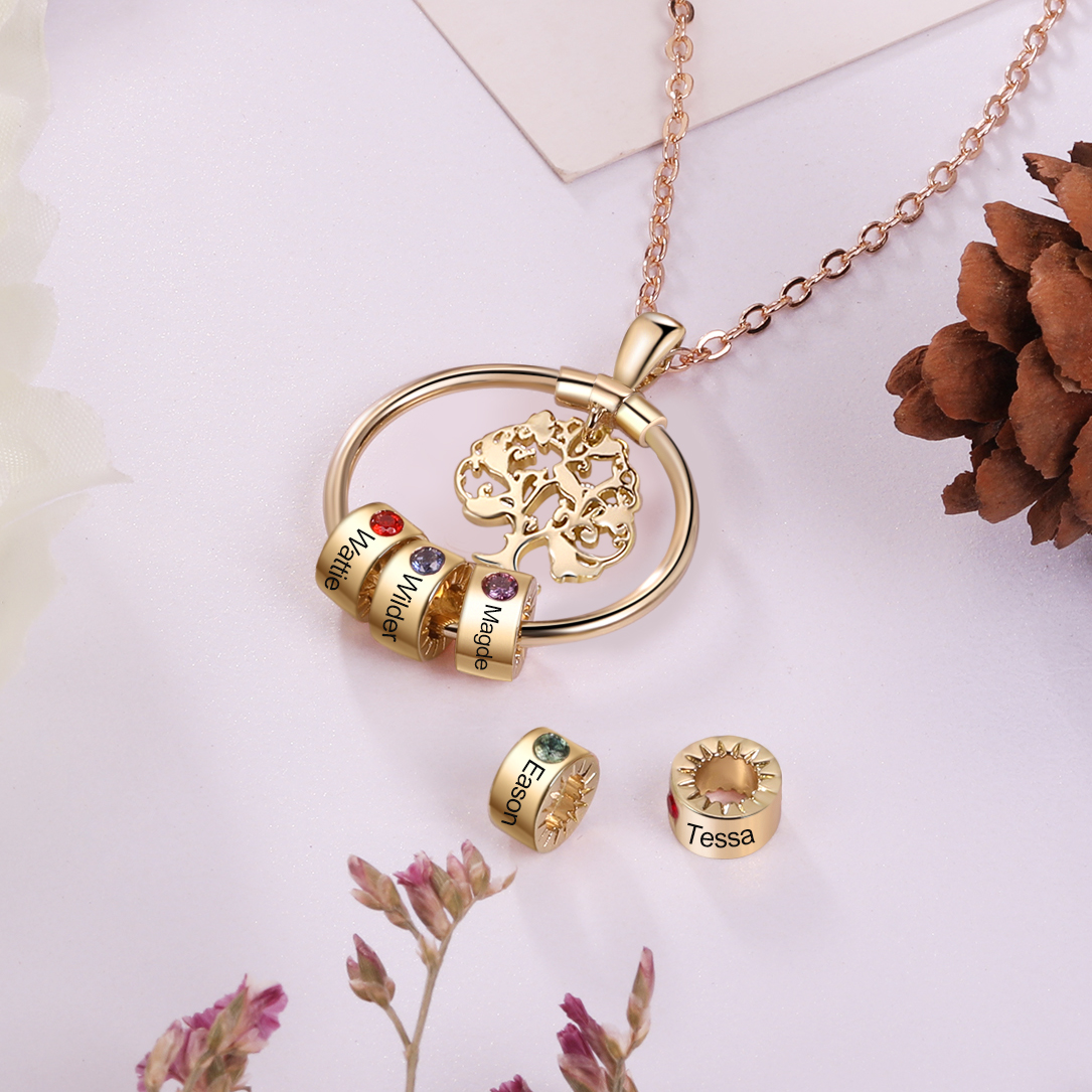 Personalised Family Tree Necklace With 3 Birthstones Engraved Names Gift For Mother-Jessemade AU