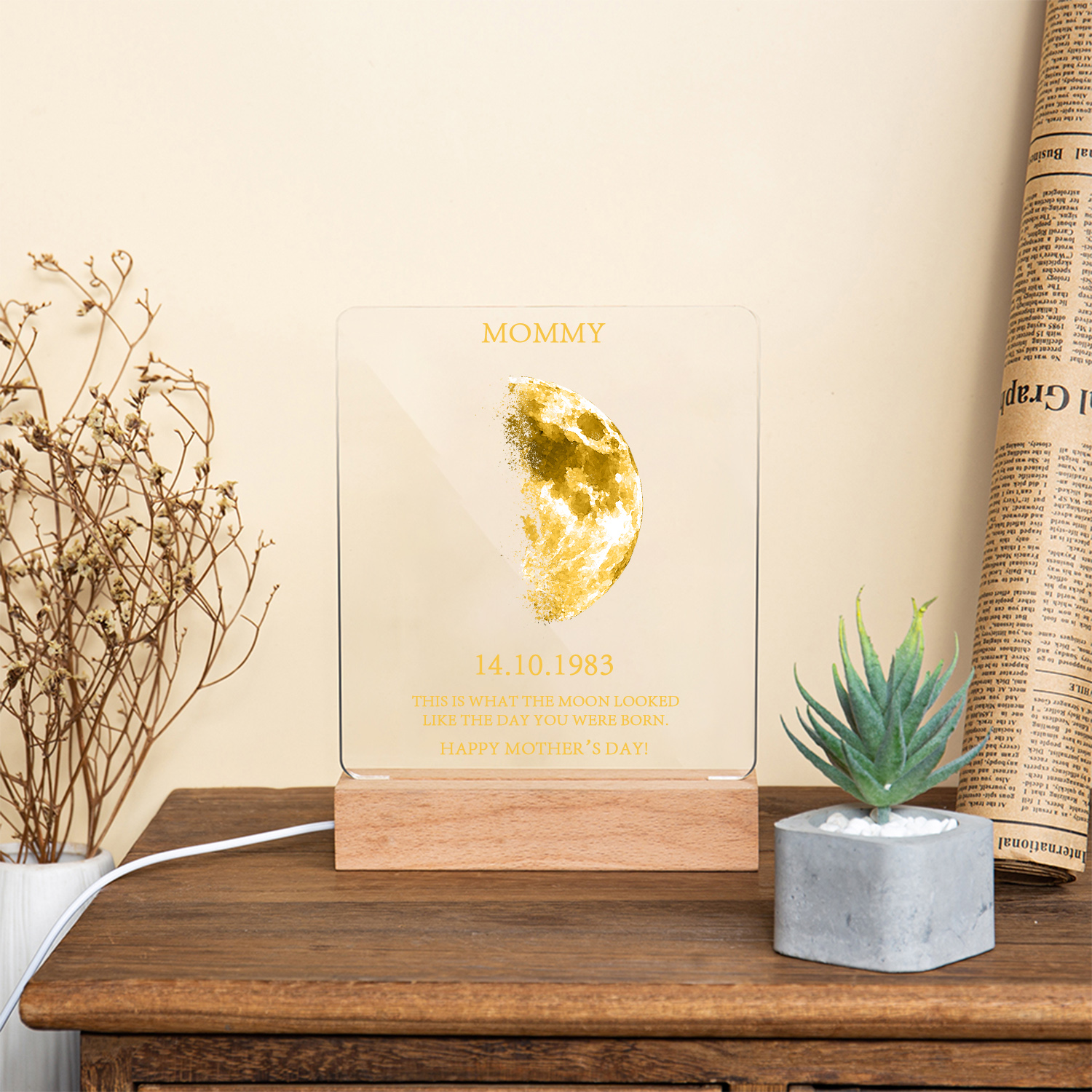 Personalised Acrylic Night Light Custom Date & Moon Phase & Text LED Lamp Gifts For Mother/Grandma-Jessemade AU