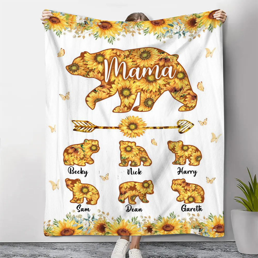Personalised 6 Names Blanket Sunflowers Bears Family Blanket Mother's Day Gift for Mama-Jessemade AU