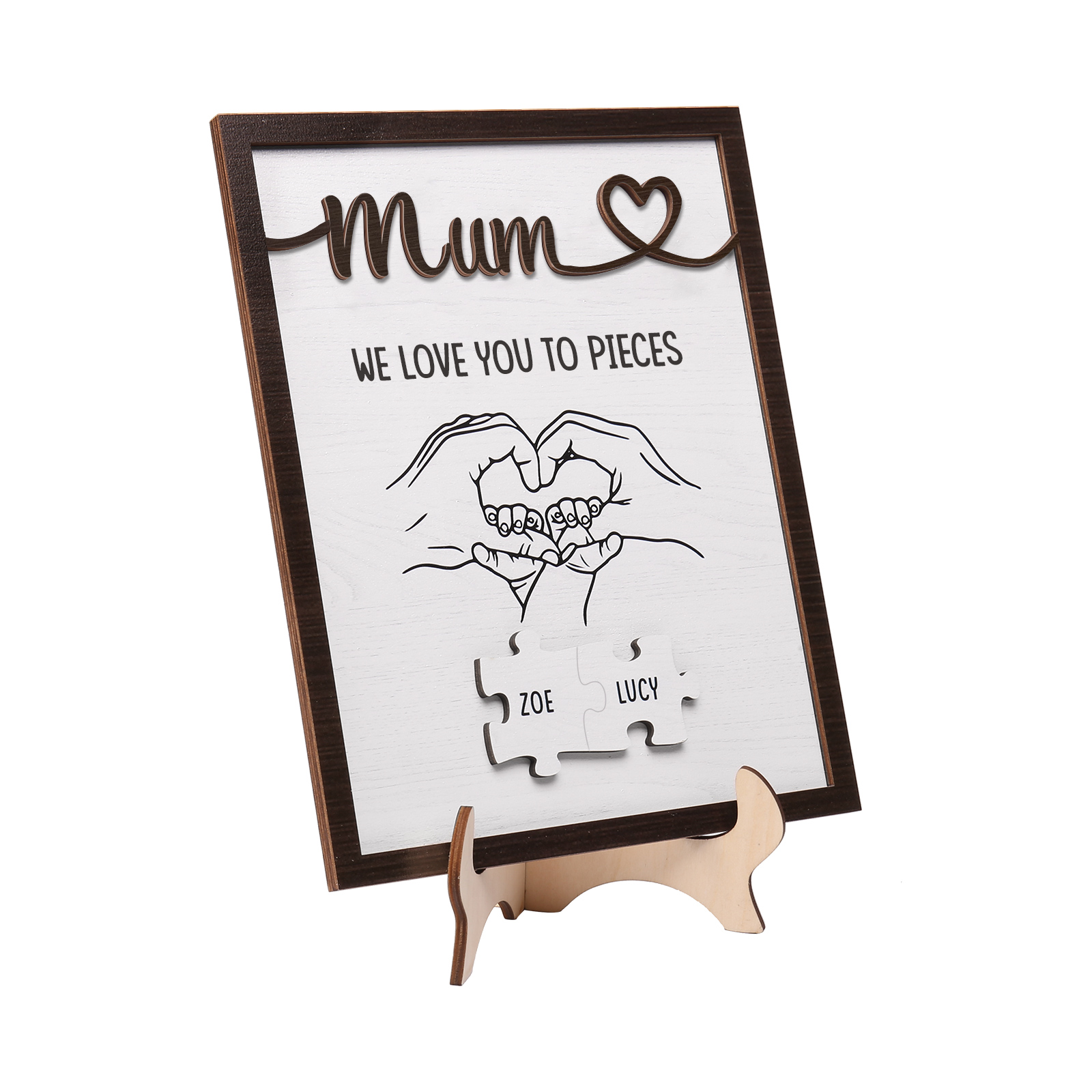 Personalised Puzzle Pieces Wooden Plaque Custom 2 Names & Text & Salutation Holding Hands Family Wooden Sign With Stand Gifts for Mum-Jessemade AU