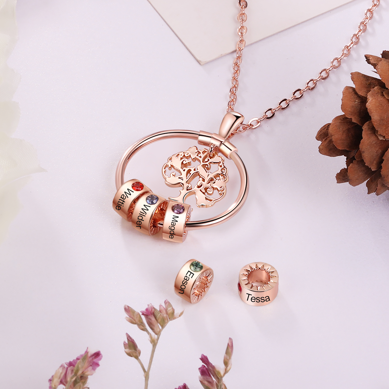 Personalised Family Tree Necklace With 3 Birthstones Engraved Names Gift For Mother-Jessemade AU