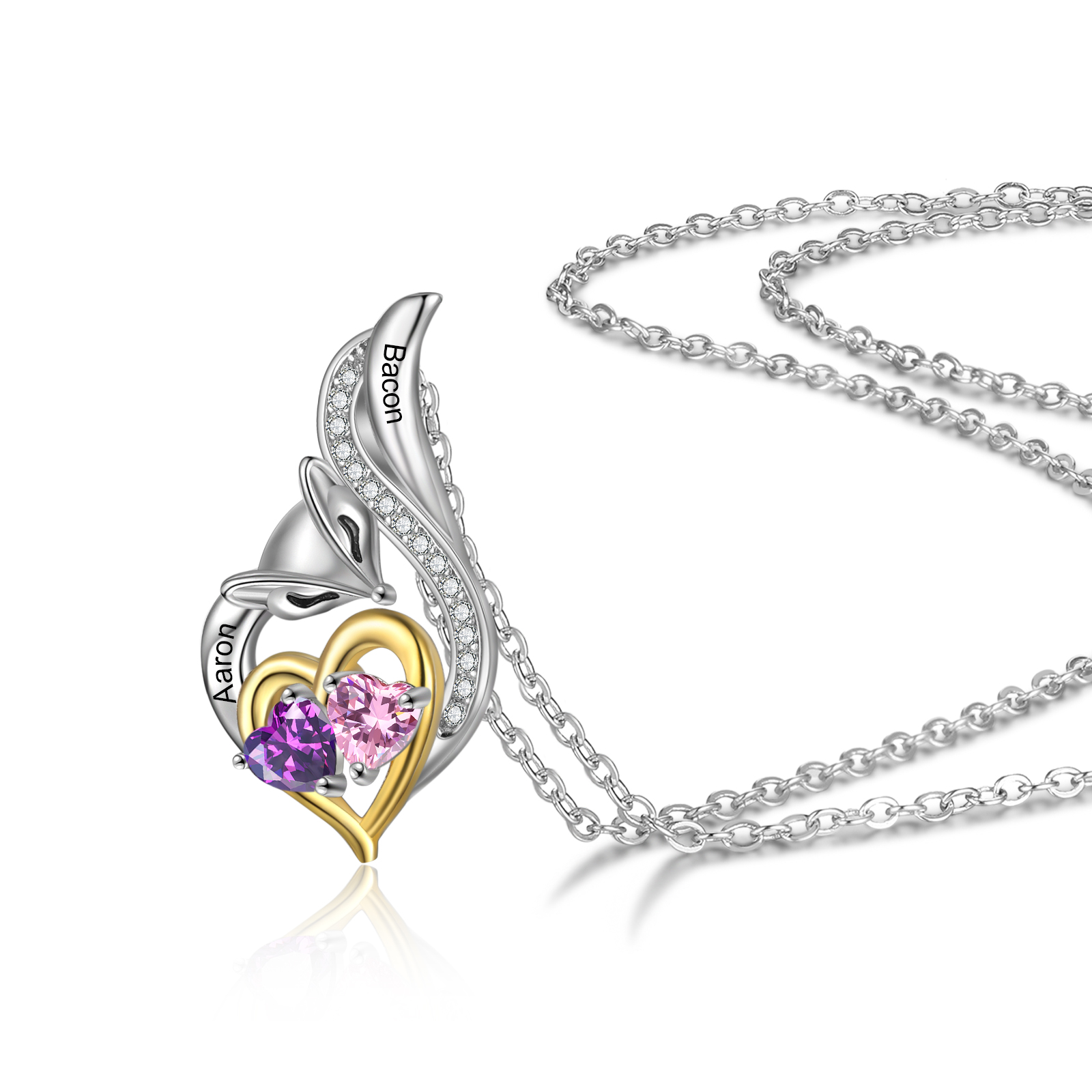 Personalised Heart Fox Necklace with Birthstone Engraved Name Gifts for Her-Jessemade AU