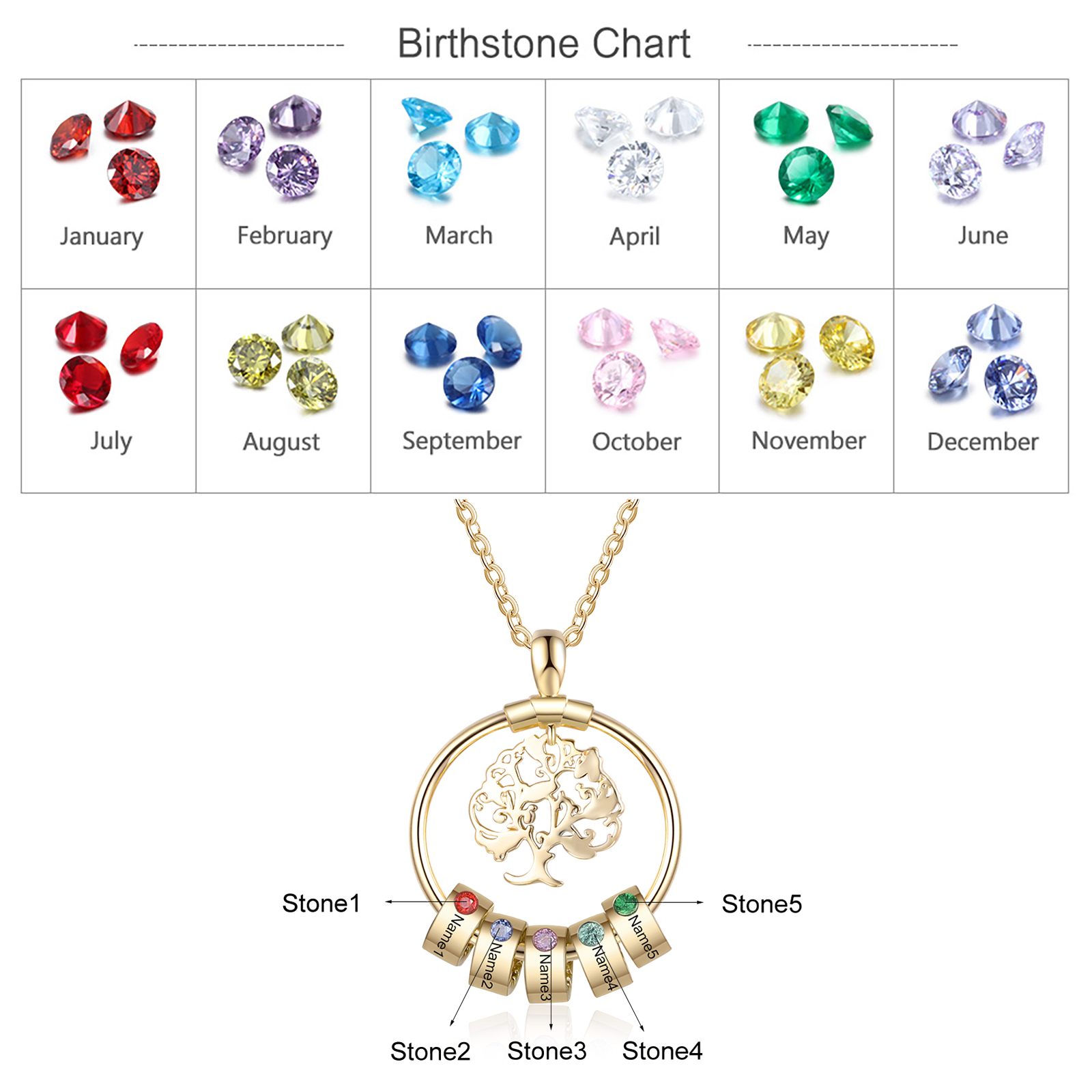 Personalised Family Tree Necklace With 5 Birthstones Engraved Names Gift For Mother-Jessemade AU