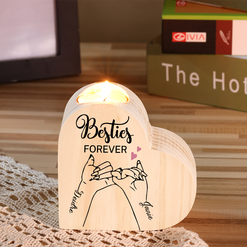 Besties Forever Wooden Candle Holder Customised 2 Names Pinky Swear Candlesticks -Jessemade AU