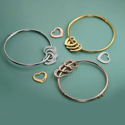 Women Bangle Bracelet with 3 Heart Pendant Engraved 3 Names Love Bracelet-Jessemade AU