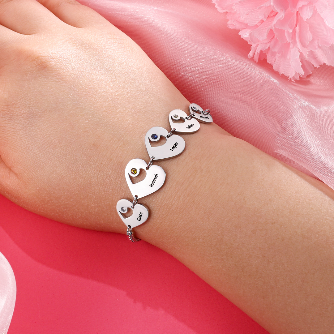 Personalised Heart Bracelet with Birthstones Custom 5 Names Family Bracelet Gifts for Her-Jessemade AU