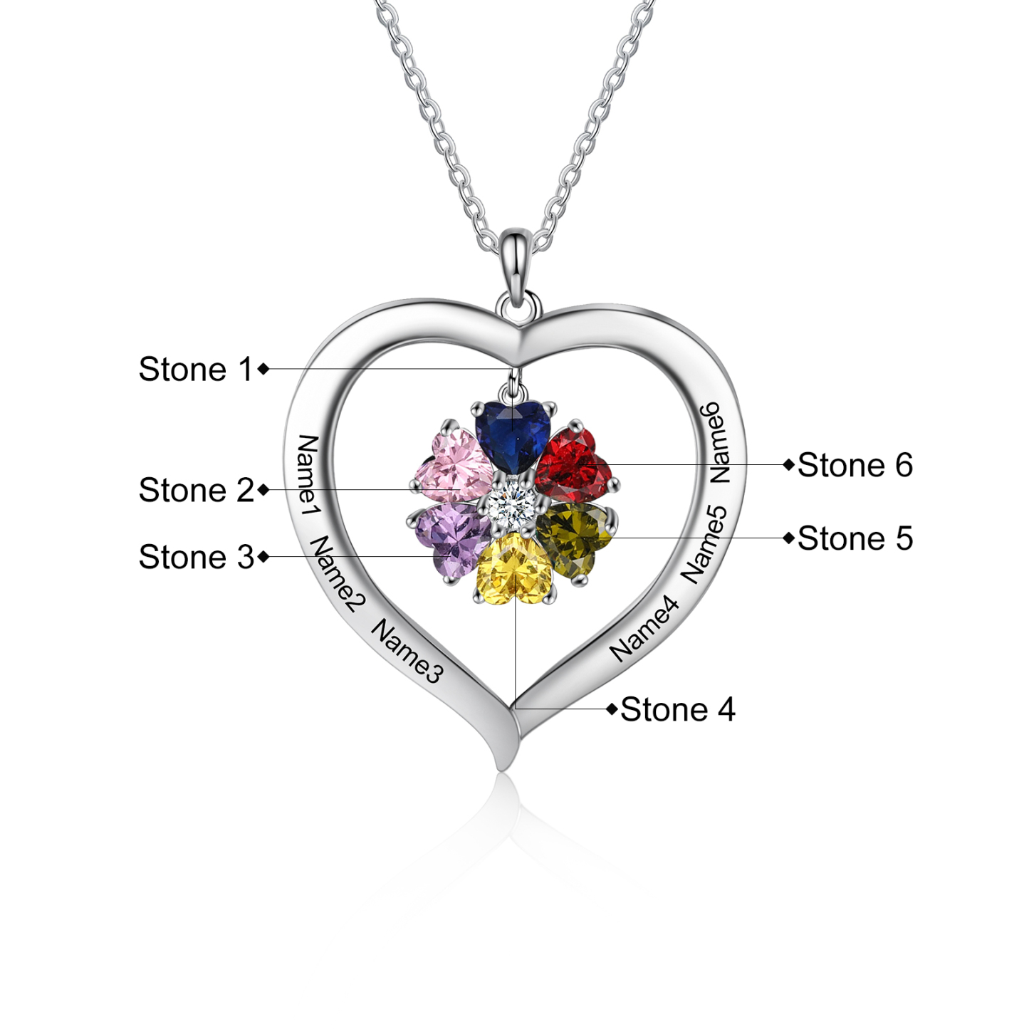 Personalised Heart Pendant Necklace with 6 Birthstones Engraved Names Family Necklace Gifts for Her-Jessemade AU