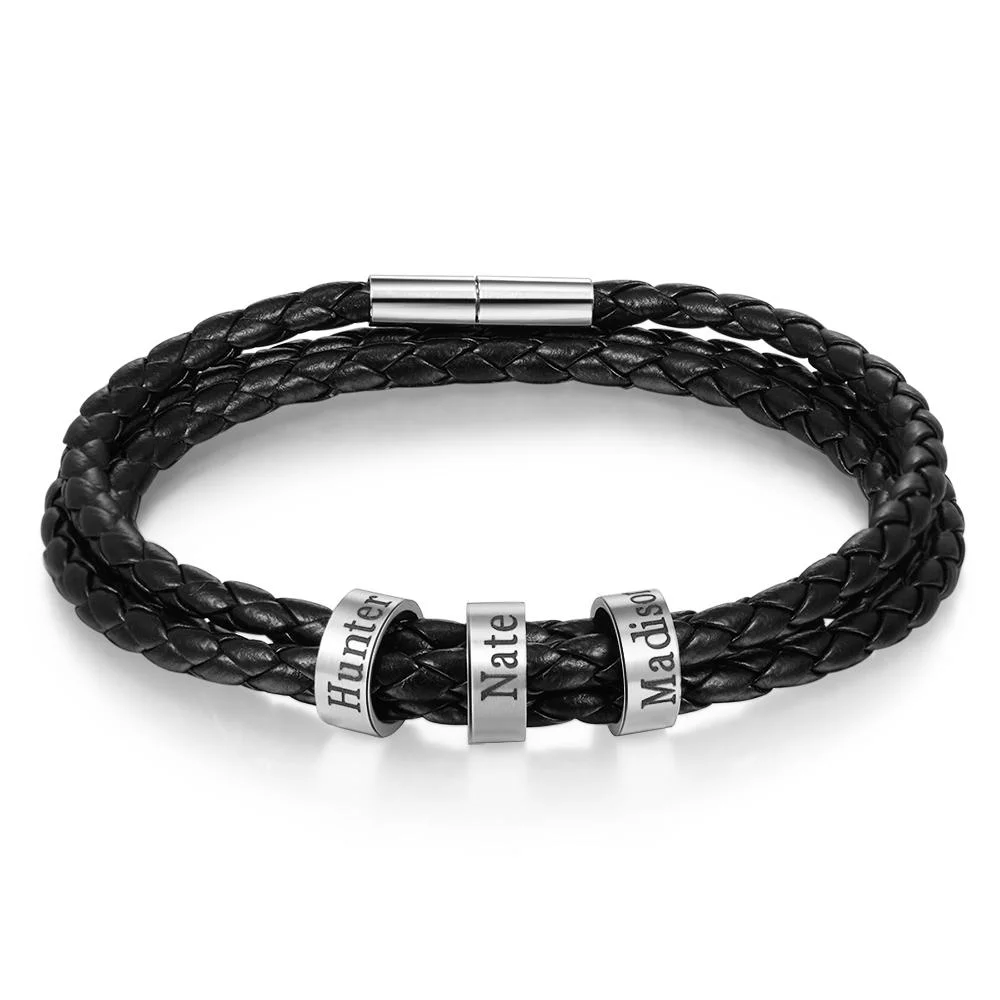 Father's Day Gift Men Braided Leather Bracelets with 3 Beads Bracelet Gifts for Him-Jessemade AU
