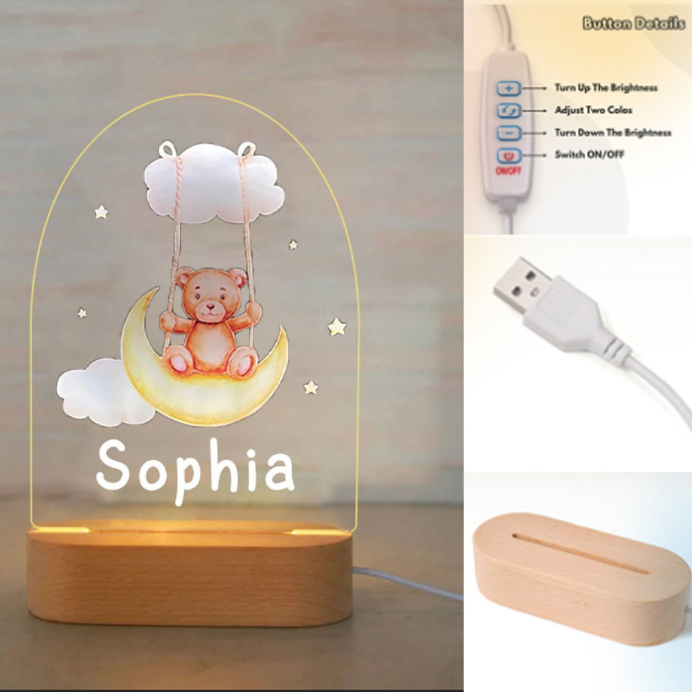 Personalised Bear and Moon Night Light Custom Name LED Lamp Baby Gift for Kids-Jessemade AU