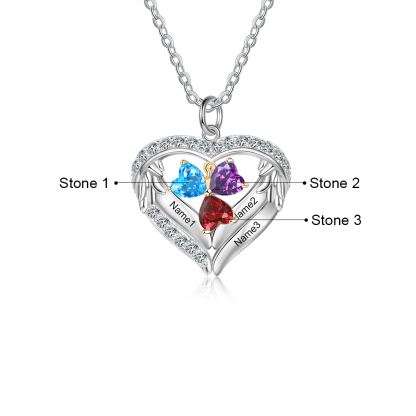 Personalised Wings Necklace With 3 Heart Birthstones Engraved Names Gift For Women-Jessemade AU