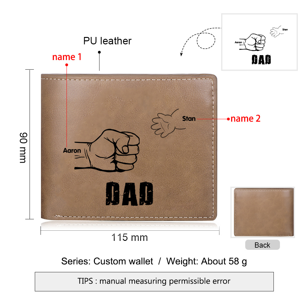 2 Names - Personalised Men Leather Wallet Engraved Names Brown Wallet Fist Bump Folding Wallet Gift For Dad-Jessemade AU