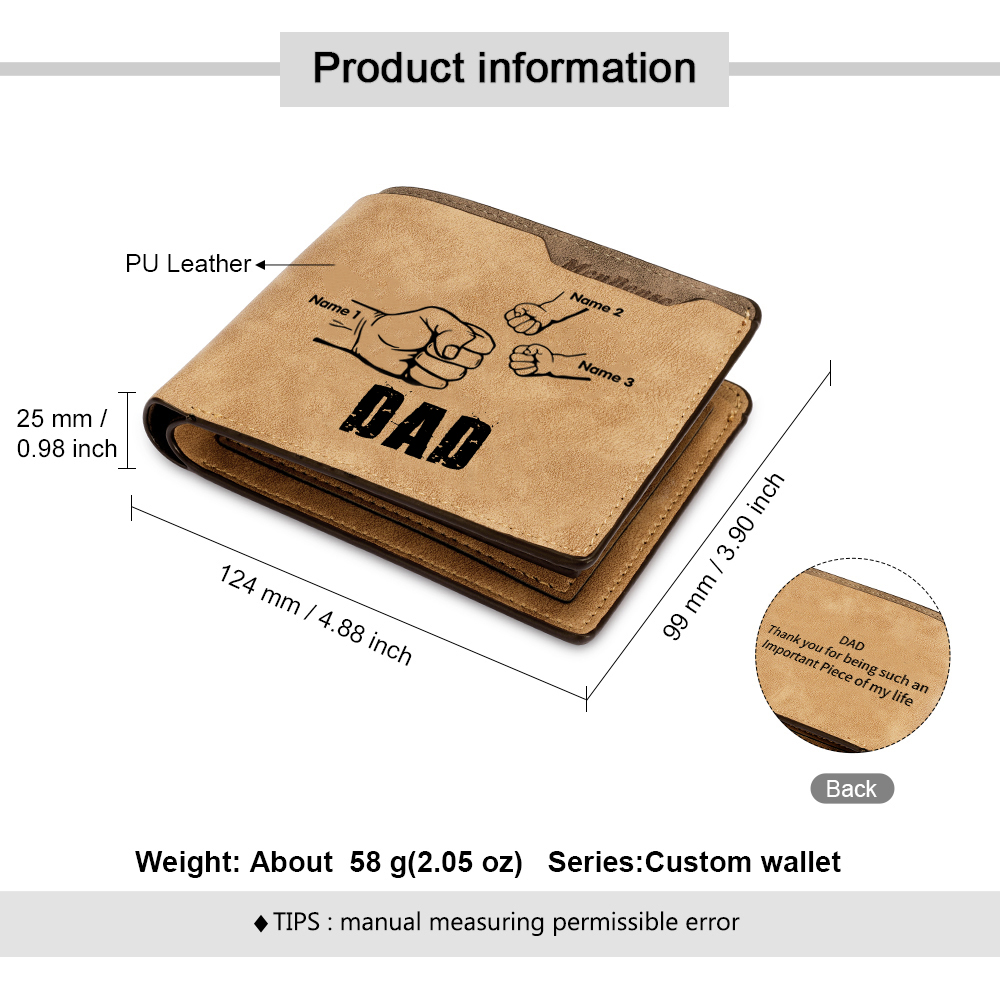 3 Names - Personalised Men Leather Wallet Custom Photo & Text & Name Folding Wallet Fist Bump Wallet Gift for Dad-Jessemade AU