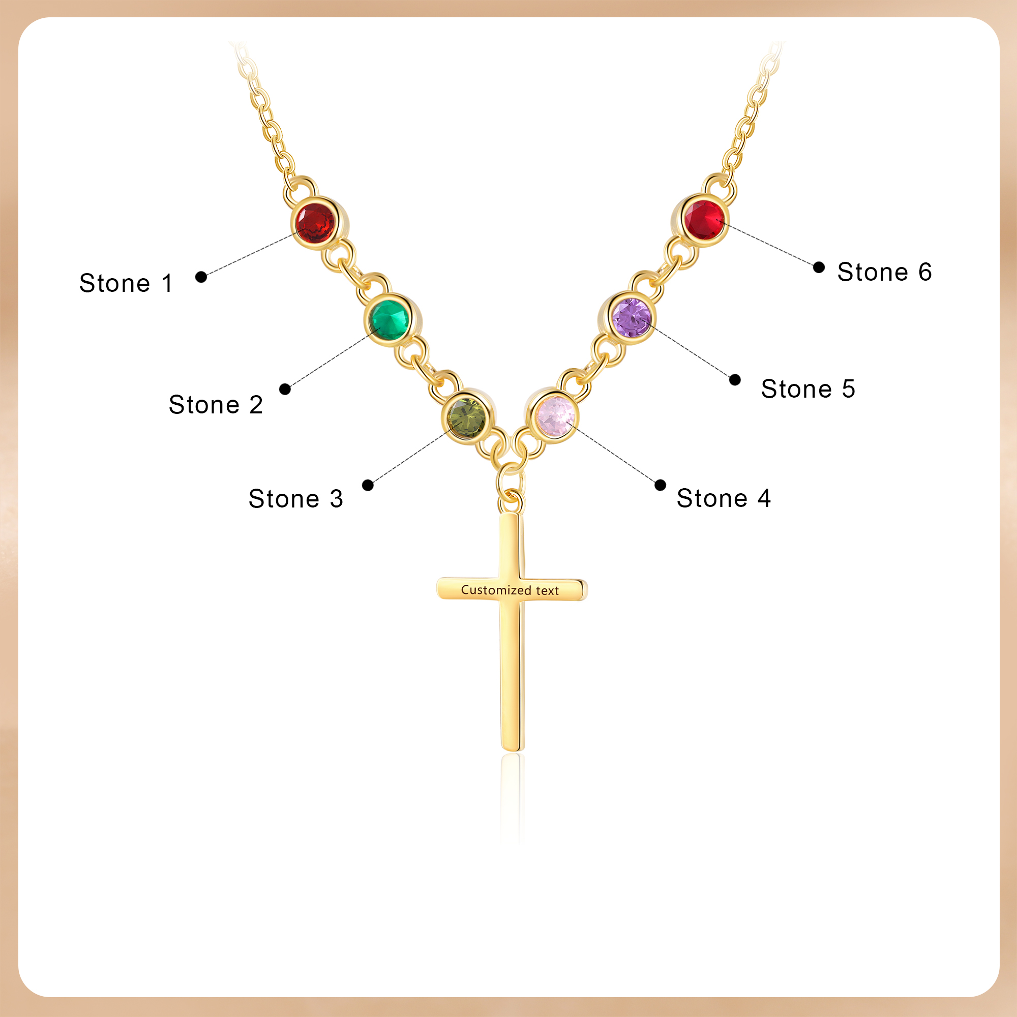 Personalised Cross Pendant Necklace Custom 6 Birthstones & 1 Text Necklace Birthday Gift for Her-Jessemade AU