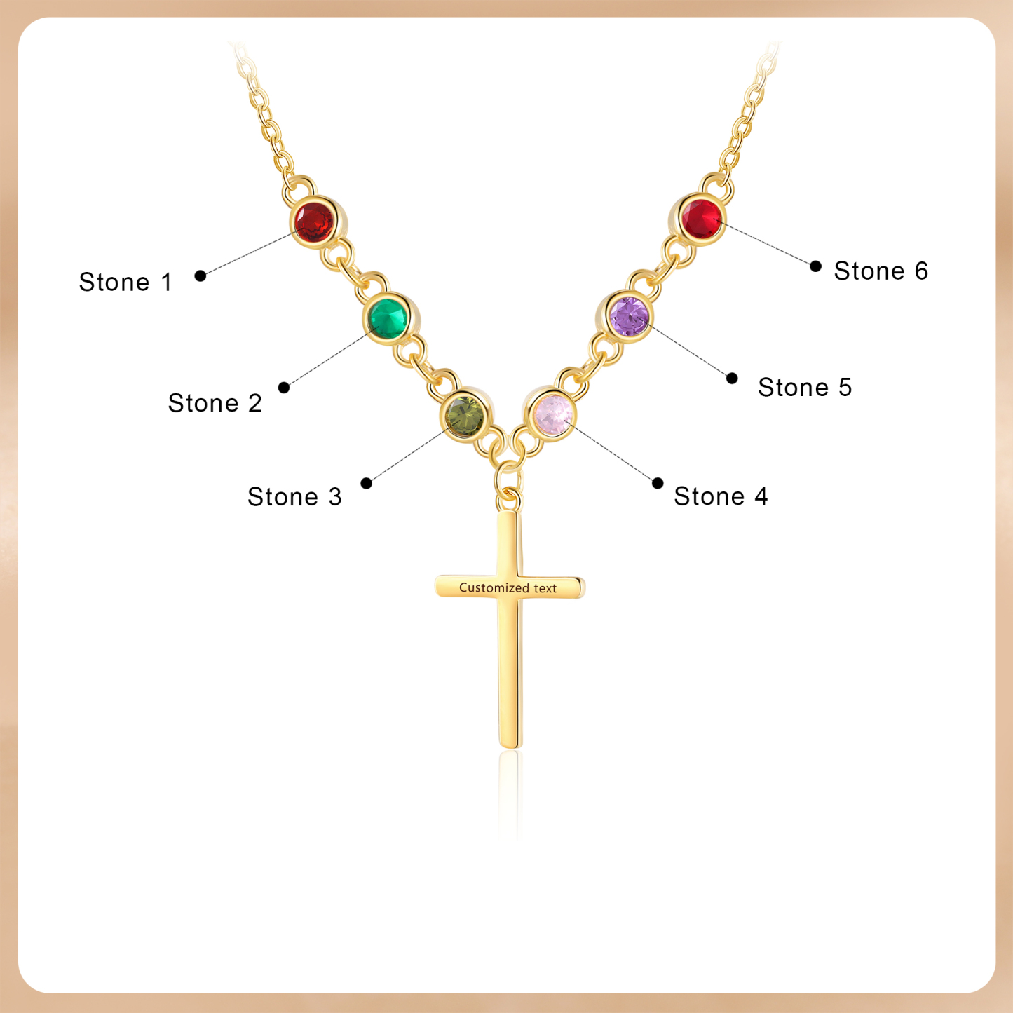 Personalised Cross Pendant Necklace Custom 6 Birthstones & 1 Text Necklace Birthday Gift for Her-Jessemade AU