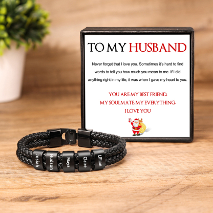 Personalised Braided Leather Bracelet Engraved 5 Names Men's Bracelet for Him-Jessemade AU