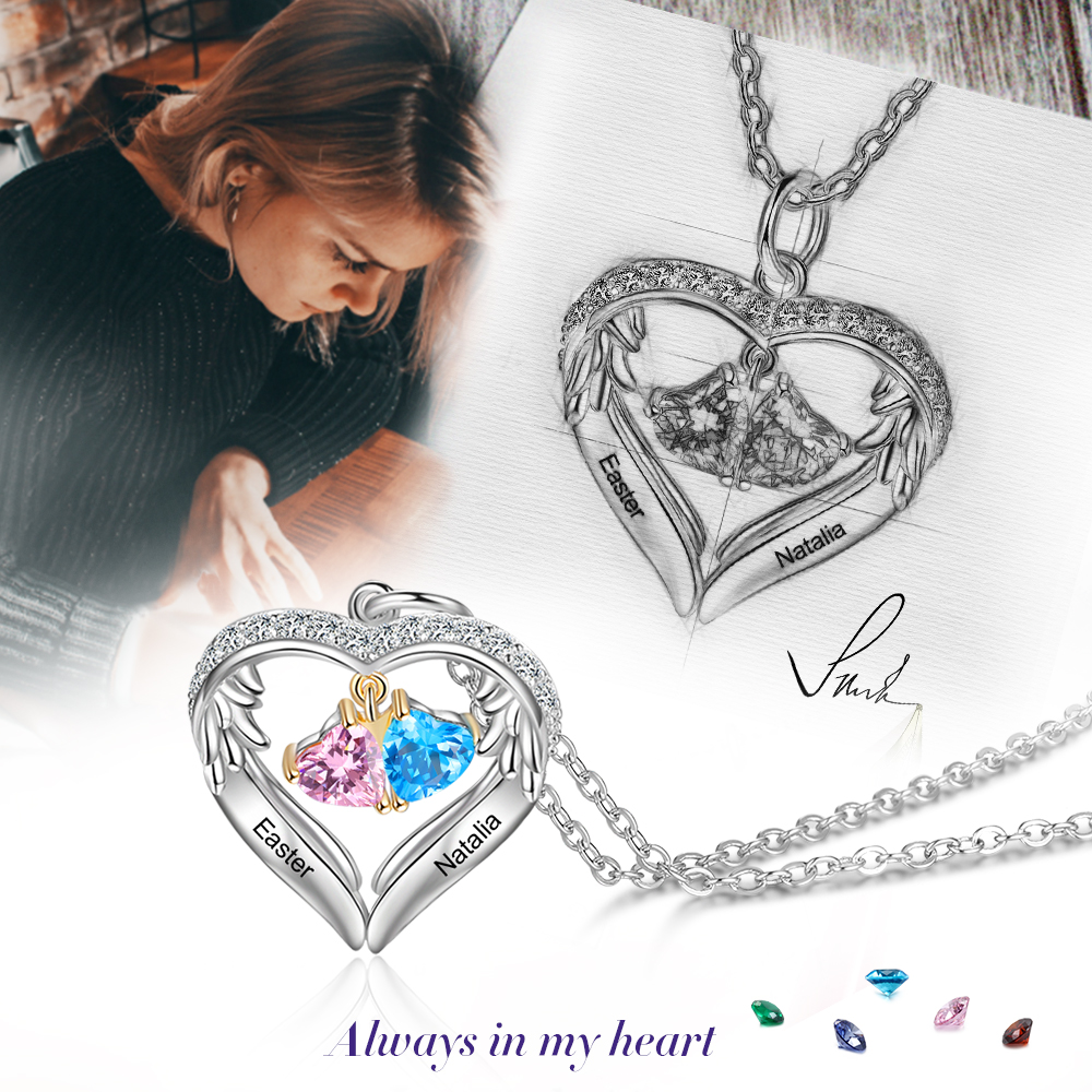 Personalised Wings Necklace With 2 Heart Birthstones Engraved Names Gift For Women-Jessemade AU