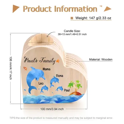 Family Dolphin Heart Candle Holder Personalised Wooden Candlestick Custom 4 Names-Jessemade AU
