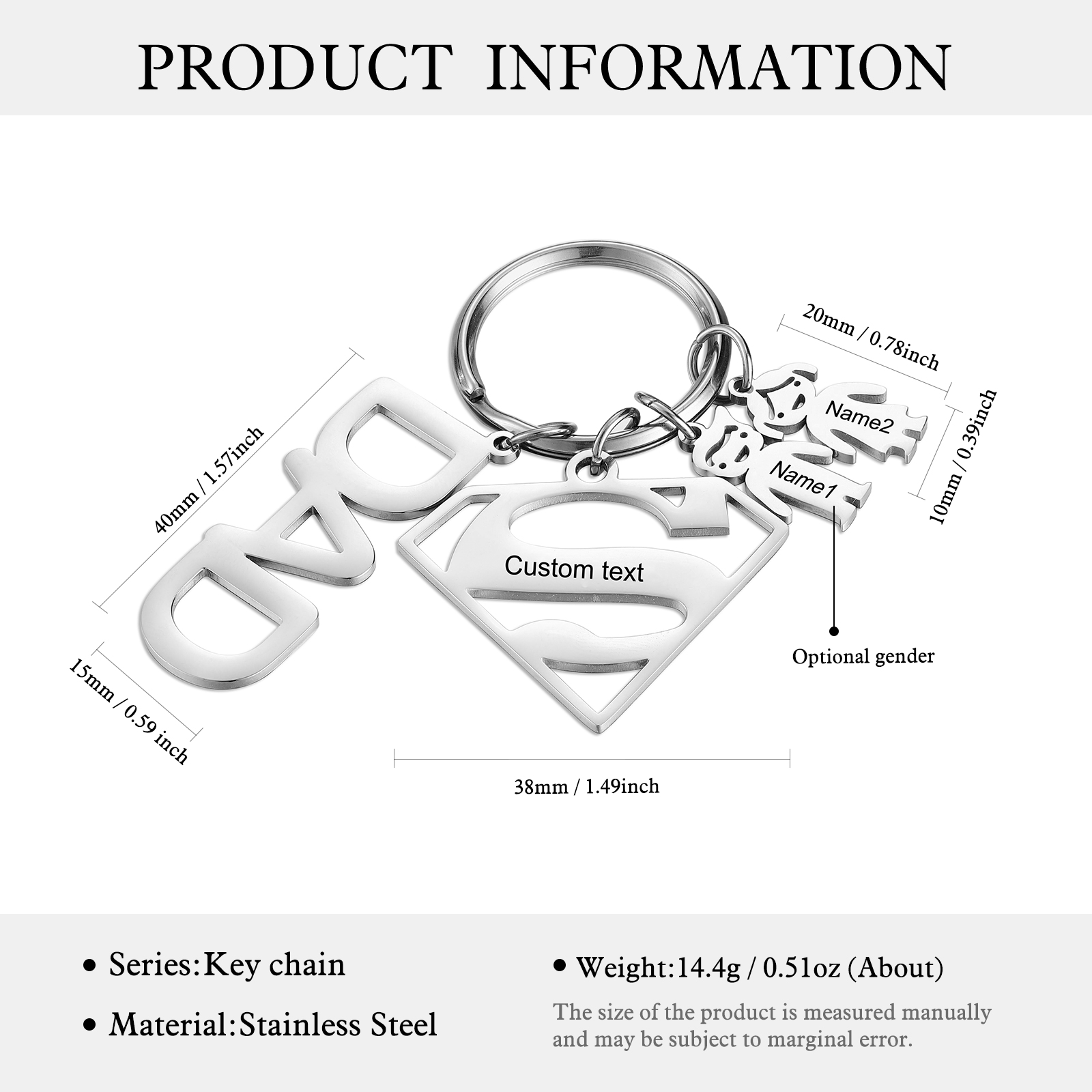 Father's Day Gift Personalised 2 Kids Charms Keychain with Superman Sign-Jessemade AU