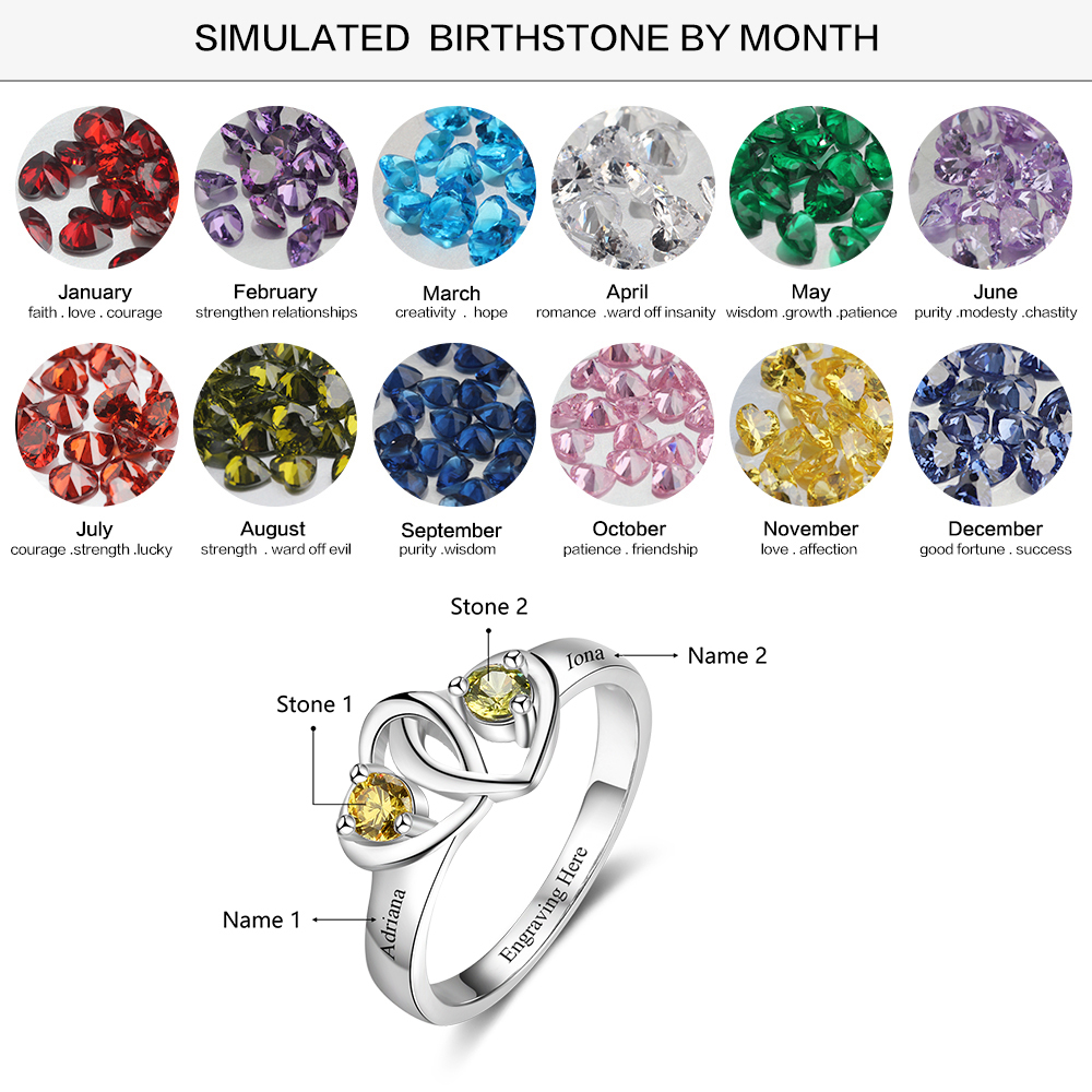 Promise Ring Personalised with 2 Hearts Birthstones Ring Engraved 2 Names Gifts for Her-Jessemade AU