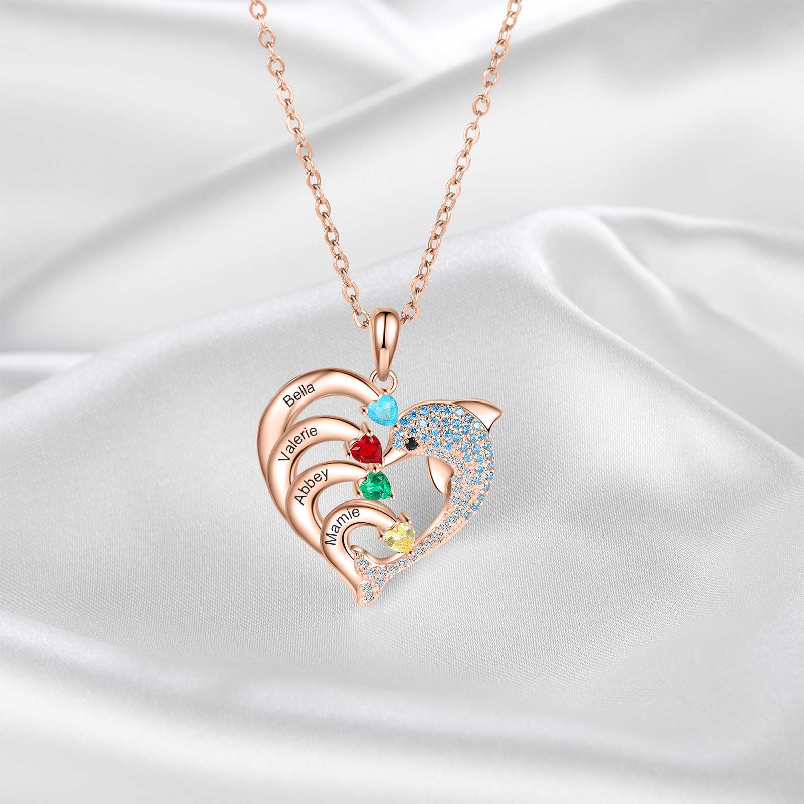 Personalised Heart Dolphin Necklace With 4 Birthstones Engraved Names Gift For Her-Jessemade AU