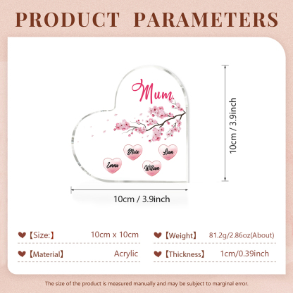 4 Names - Personalised Acrylic Heart Keepsake Custom Text Peach Blossom Ornaments Gifts for Grandma/Mother-Jessemade AU