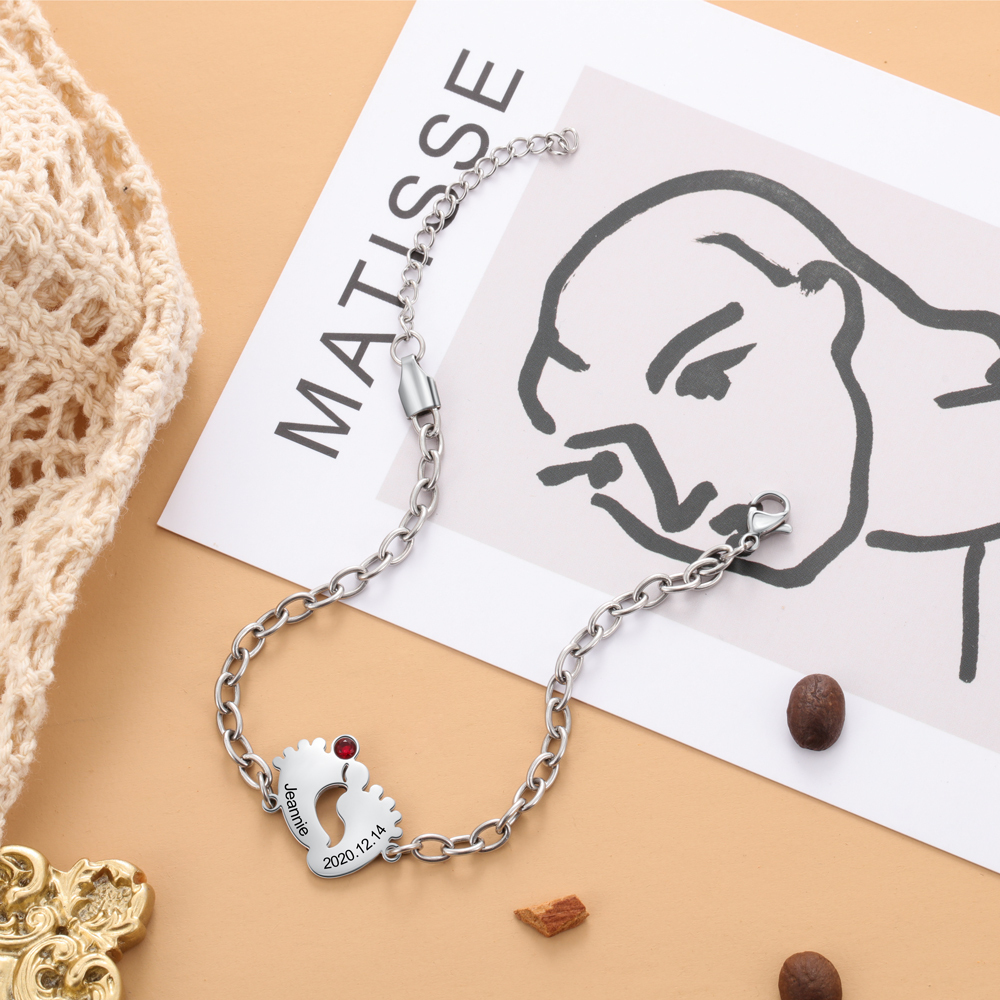 Personalised Baby Foot Bracelet With 1 Birthstones Engraved Names Bracelet Gift For Mother-Jessemade AU