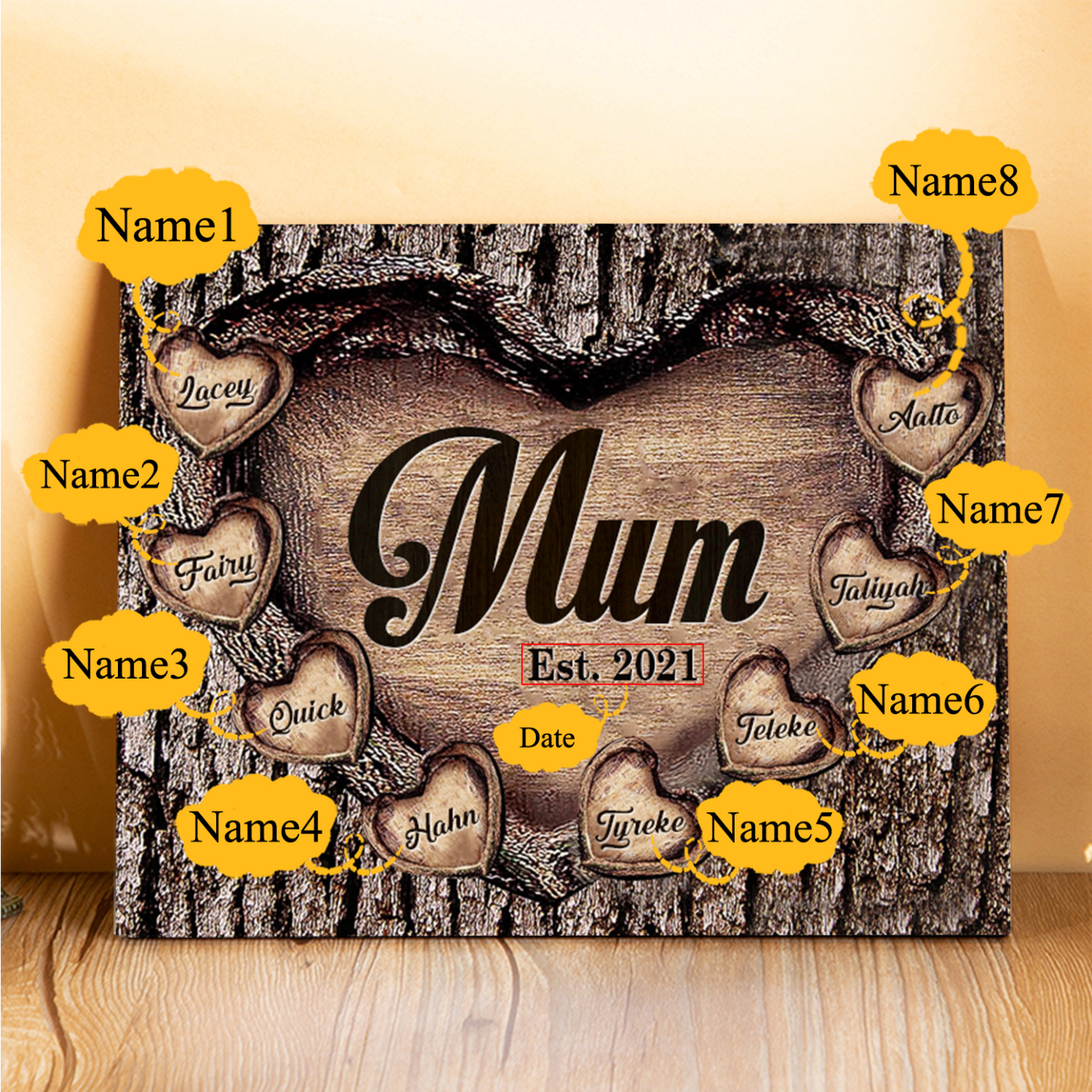 8 Names - Personalised Mum Wooden Plaque Custom Date & Names Home Decoration Hearts Gift for Mother-Jessemade AU