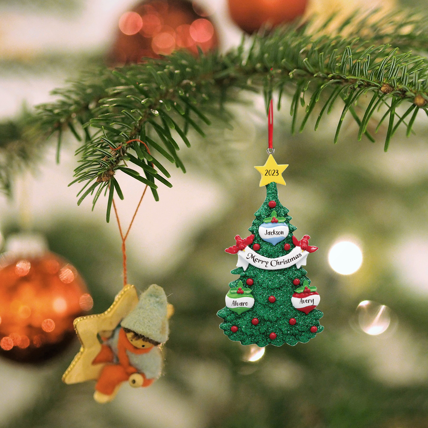 3 Names - Personalised Christmas Tree Ornaments Custom Text & Year Wooden Christmas Pendant Gifts for Family Friends