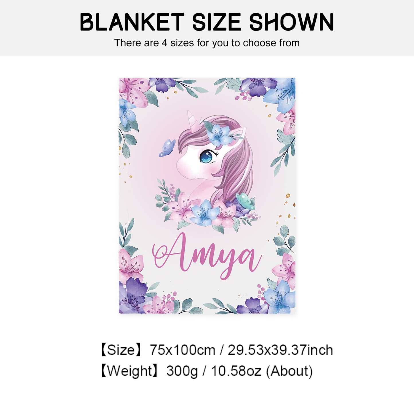 Personalised Flower Unicorn Blanket Custom Name Cute Cartoon Blanket-Jessemade AU