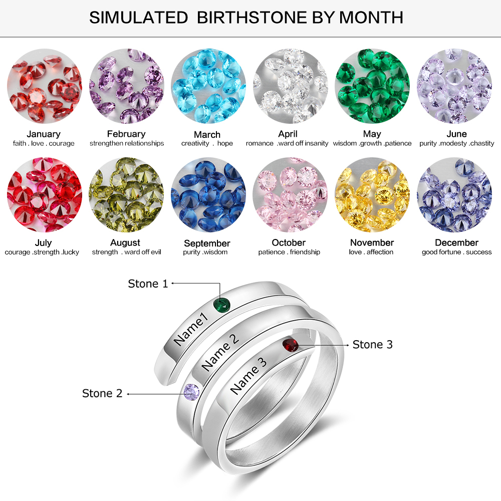 Personalised Ring With 3 Birthstones Engraved Names Ring Gift For Women-Jessemade AU