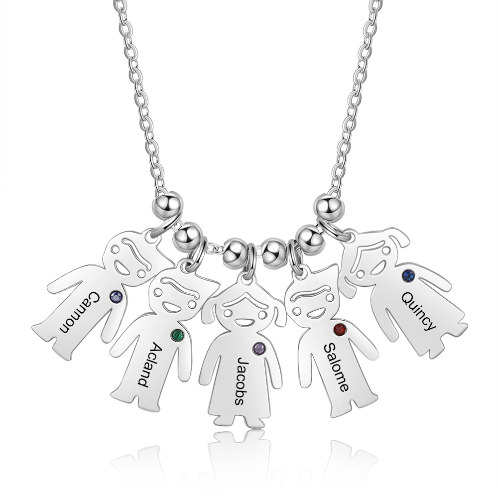 Personalised Kids Charm Necklace With 5 Birthstones Engraved Names Gift For Mother-Jessemade AU