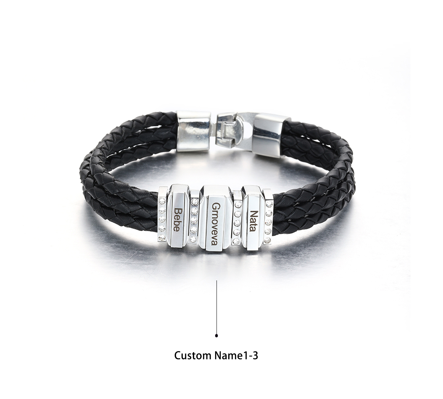 Mens Leather Bracelet with Customised Beads Personalised Three Layer Bracelet Engraved 3 Names-Jessemade AU