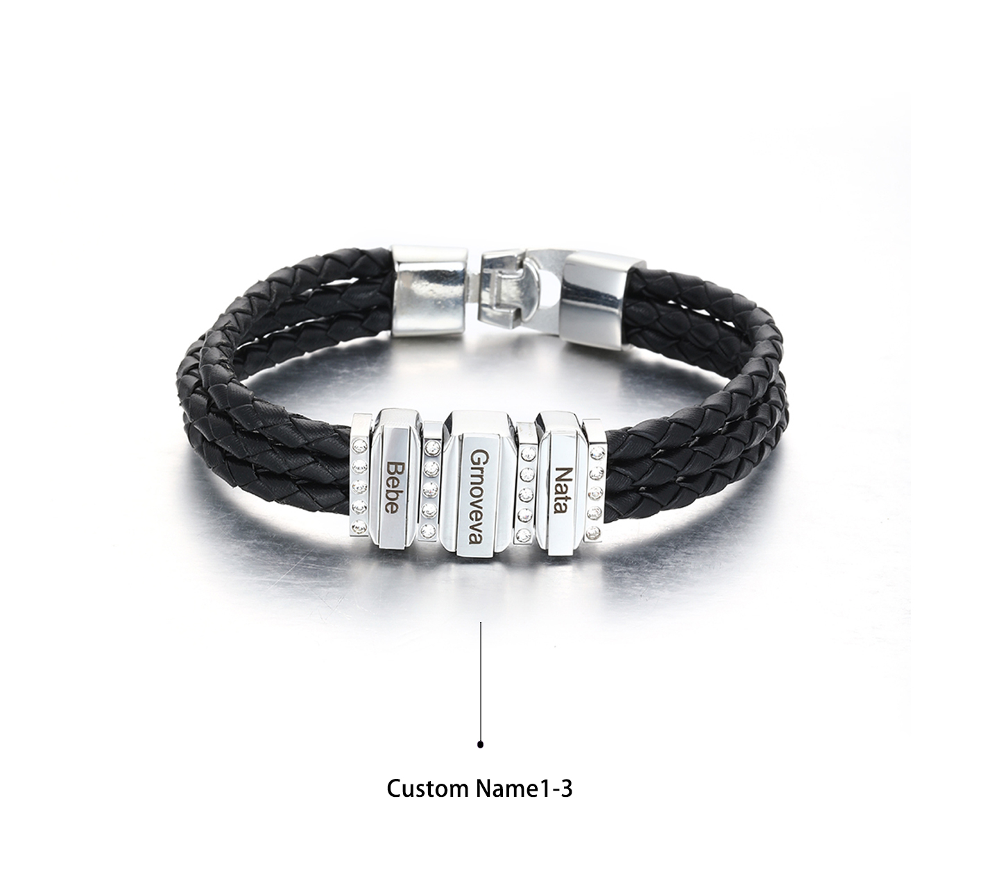 Mens Leather Bracelet with Customised Beads Personalised Three Layer Bracelet Engraved 3 Names-Jessemade AU