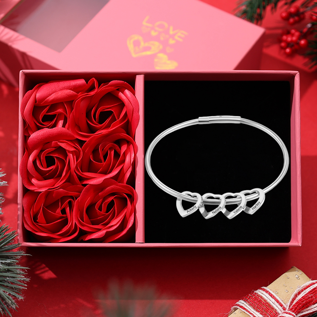 Personalised Love Bangle Bracelet with 4 Heart Charms Engraved 4 Names Bracelet for Her-Jessemade AU