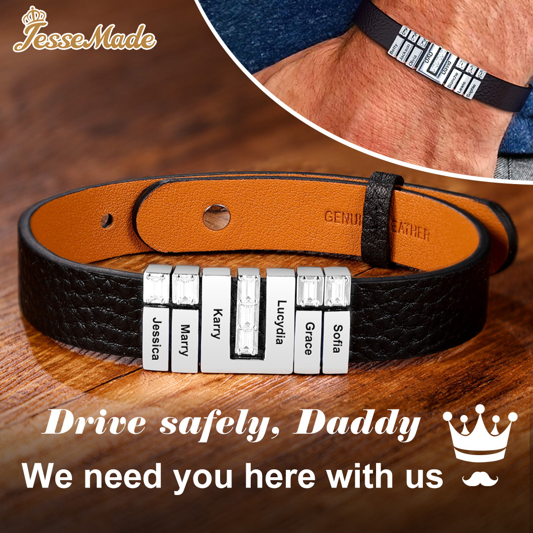Personalised Leather Bracelet with Beads Engraved 6 Names Bangle for Him-Jessemade AU