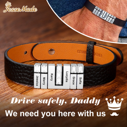 Personalised Leather Bracelet with Beads Engraved 6 Names Bangle for Him-Jessemade AU