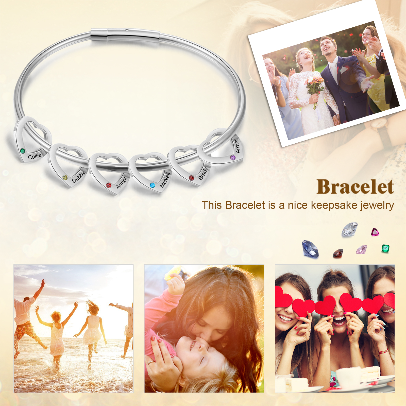 6 Names - Personalised Heart Bracelet with 6 Birthstones Custom Name & Birthstone Bracelet Gift for Her-Jessemade AU