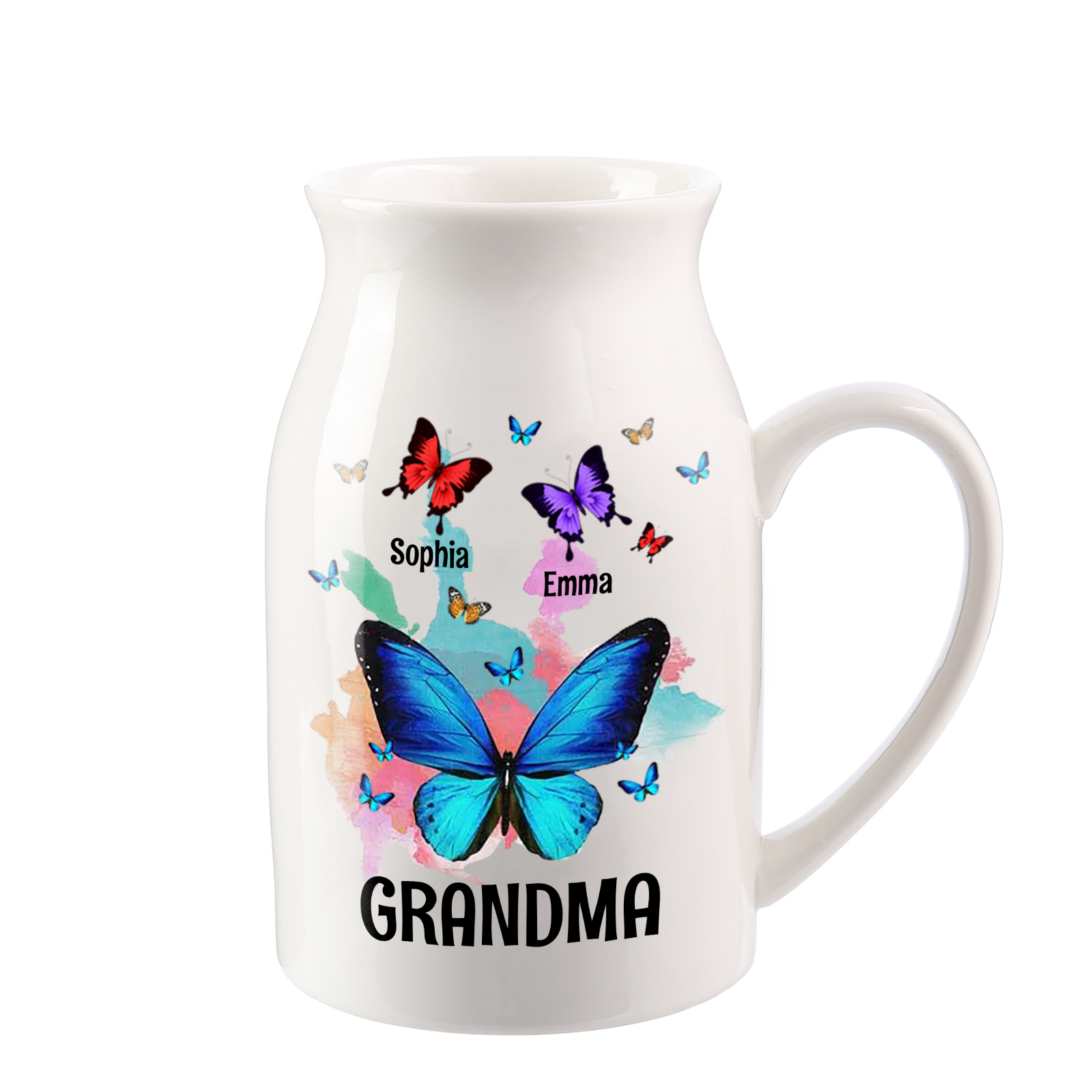 Personalised Ceramic Flower Vase Custom 2–8 Names & 1 Text Colourful Butterfly Vase Gift for Mother/Grandma-Jessemade AU