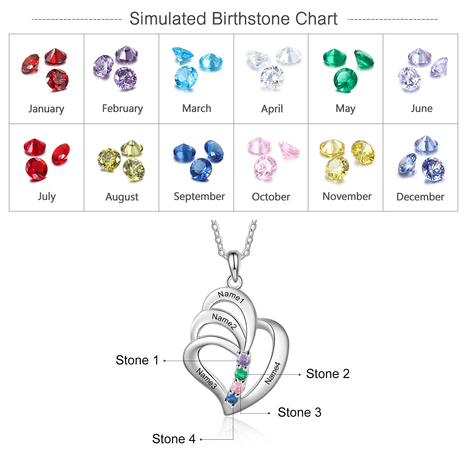 Personalised Heart Necklace With 4 Birthstones Engraved Names Gift For Her-Jessemade AU