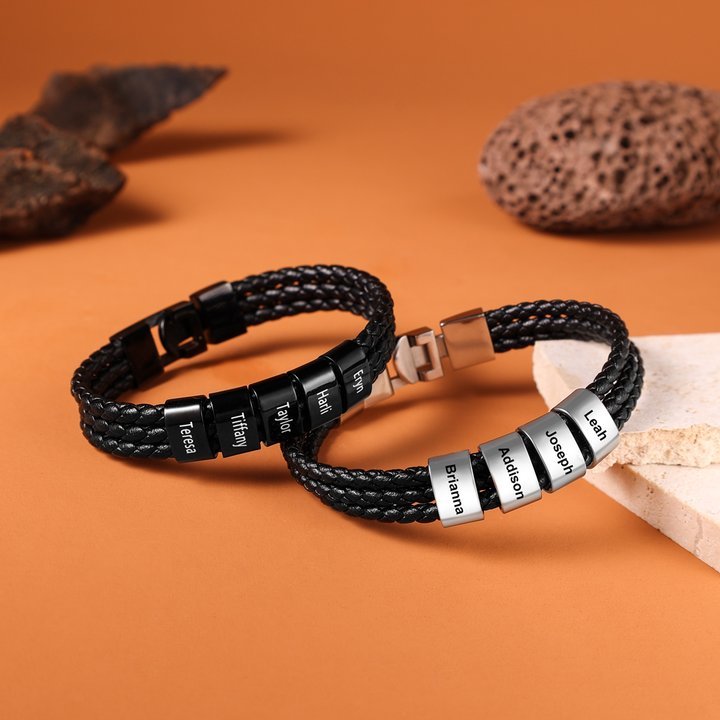 Personalizsed Braided Leather Bracelet Engraved 1 Name Men's Bracelet Gifts For Him-Jessemade AU
